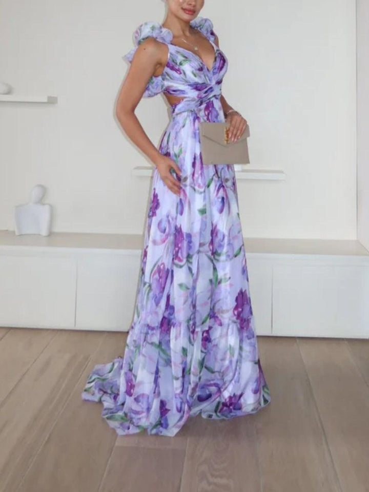 Perrine – Robe Maxi Lilas Dos Ouvert Imprimée