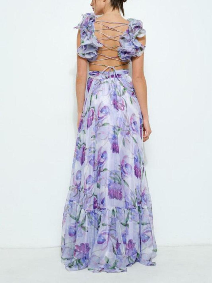 Perrine – Robe Maxi Lilas Dos Ouvert Imprimée