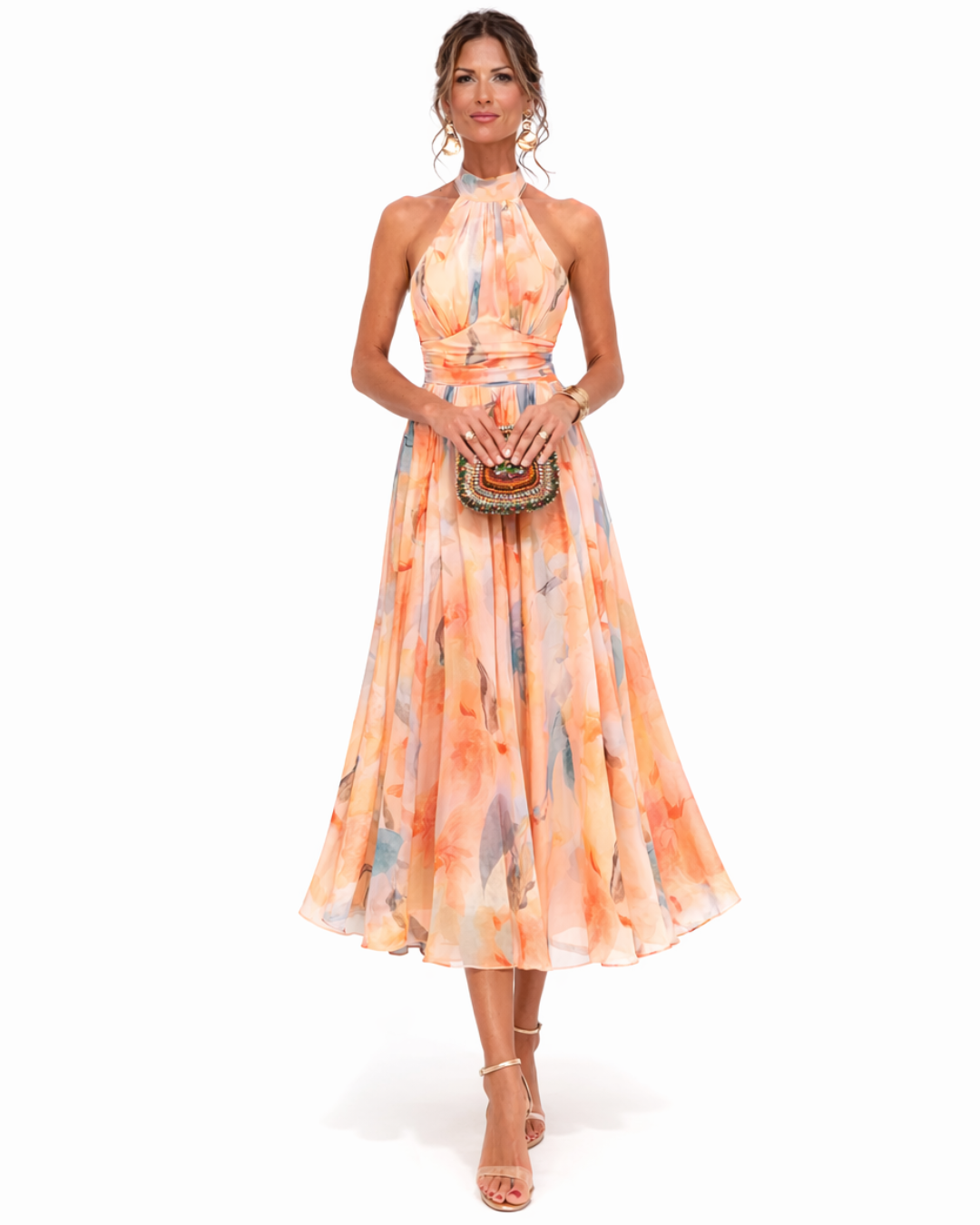 Pêche Fleurie – Robe en Mousseline à Motifs Floraux