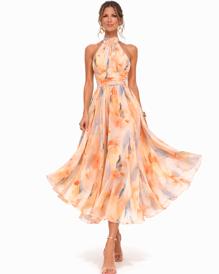 Pêche Fleurie – Robe en Mousseline à Motifs Floraux