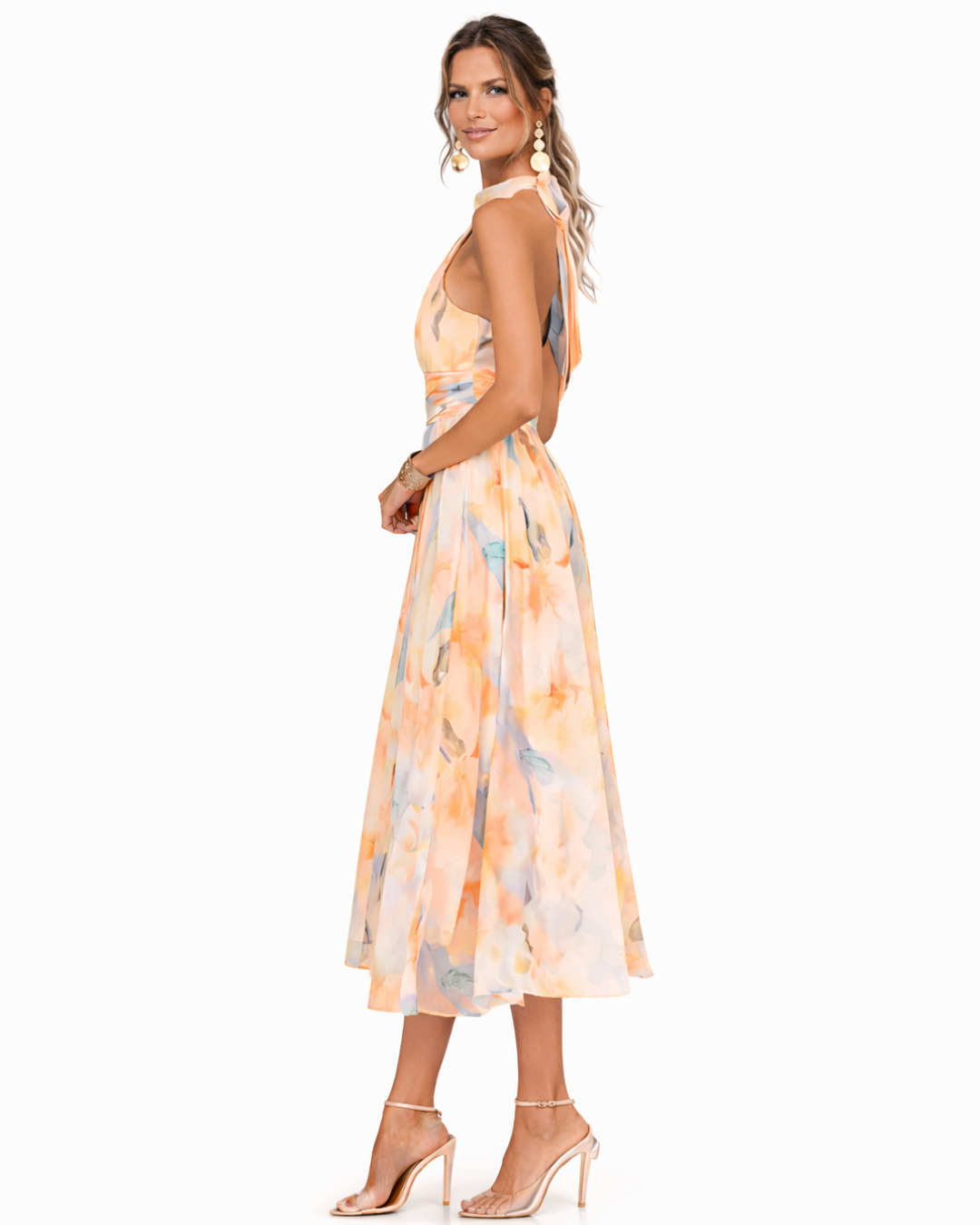 Pêche Fleurie – Robe en Mousseline à Motifs Floraux