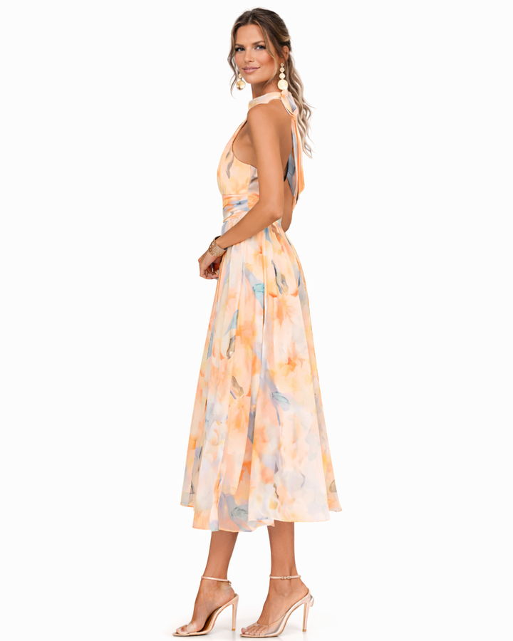Pêche Fleurie – Robe en Mousseline à Motifs Floraux