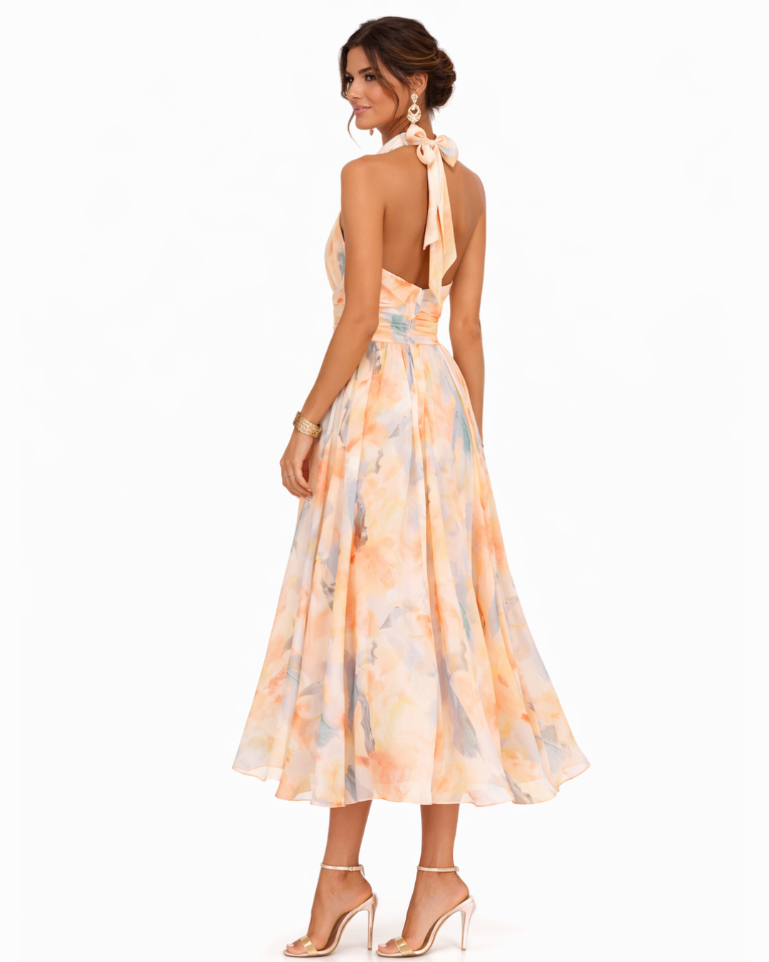 Pêche Fleurie – Robe en Mousseline à Motifs Floraux