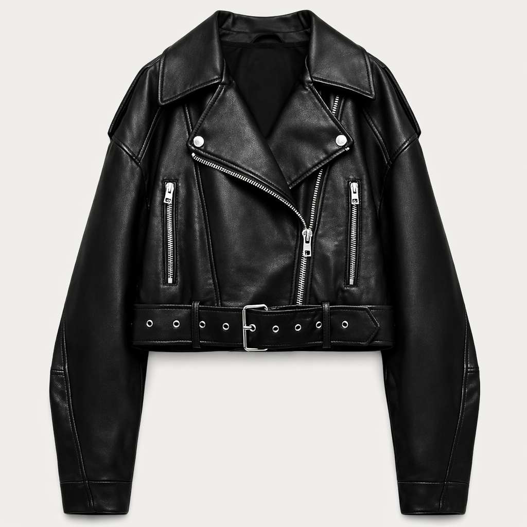 Madeline – Veste Crop Simili Cuir à Ceinture