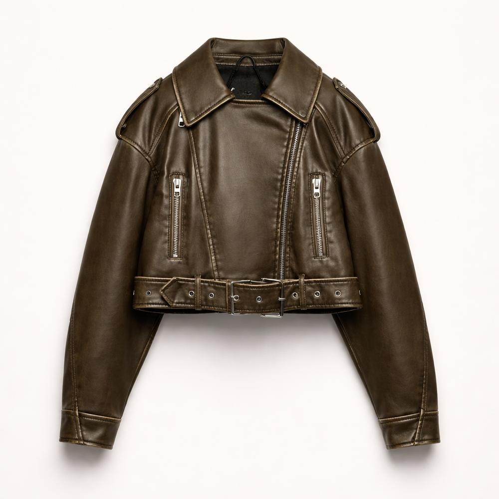 Madeline – Veste Crop Simili Cuir à Ceinture