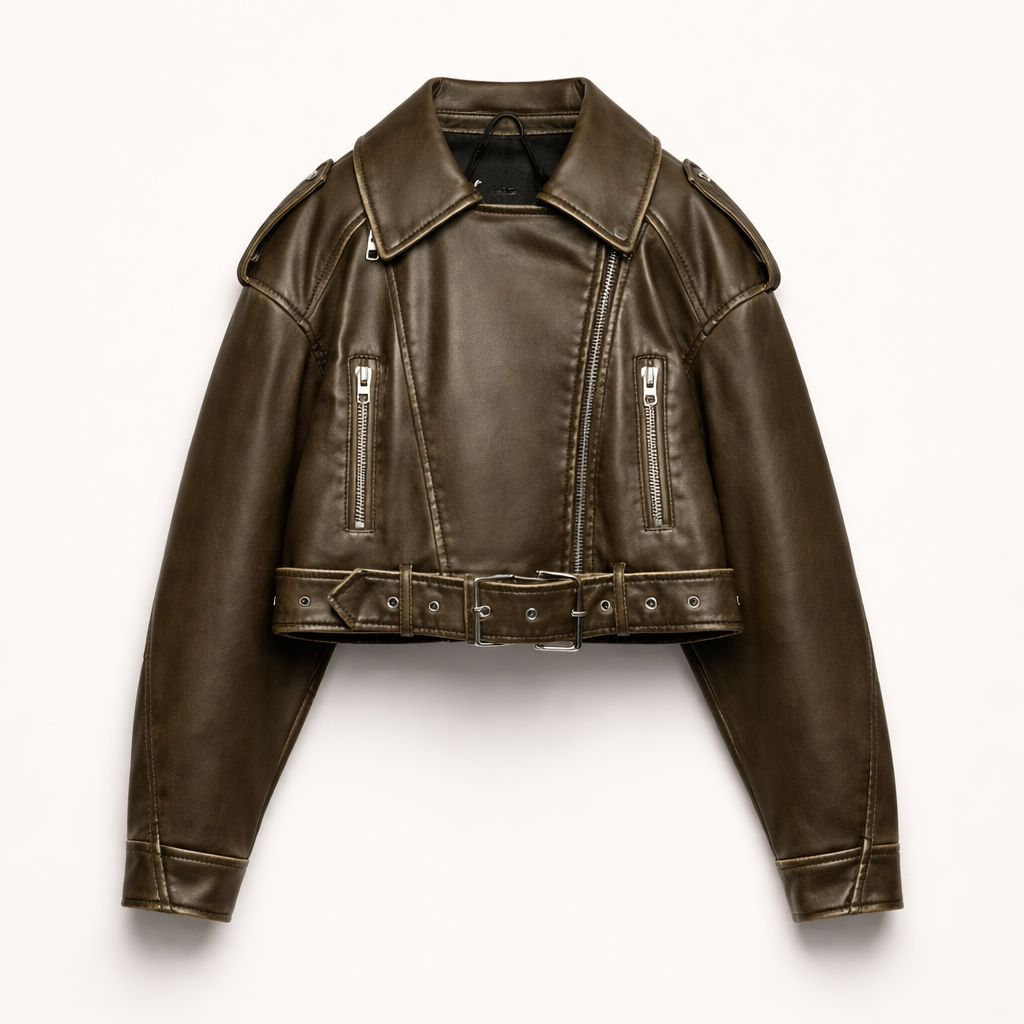 Madeline – Veste Crop Simili Cuir à Ceinture