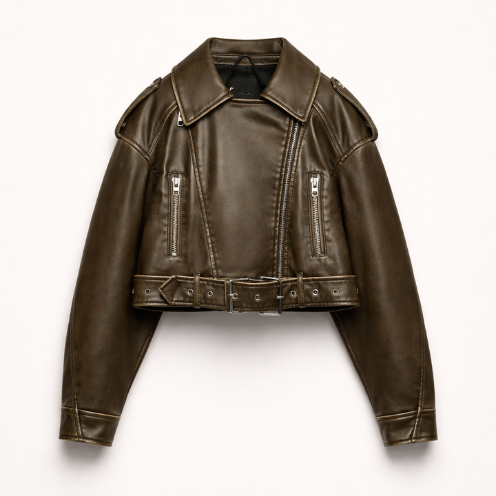 Madeline – Veste Crop Simili Cuir à Ceinture