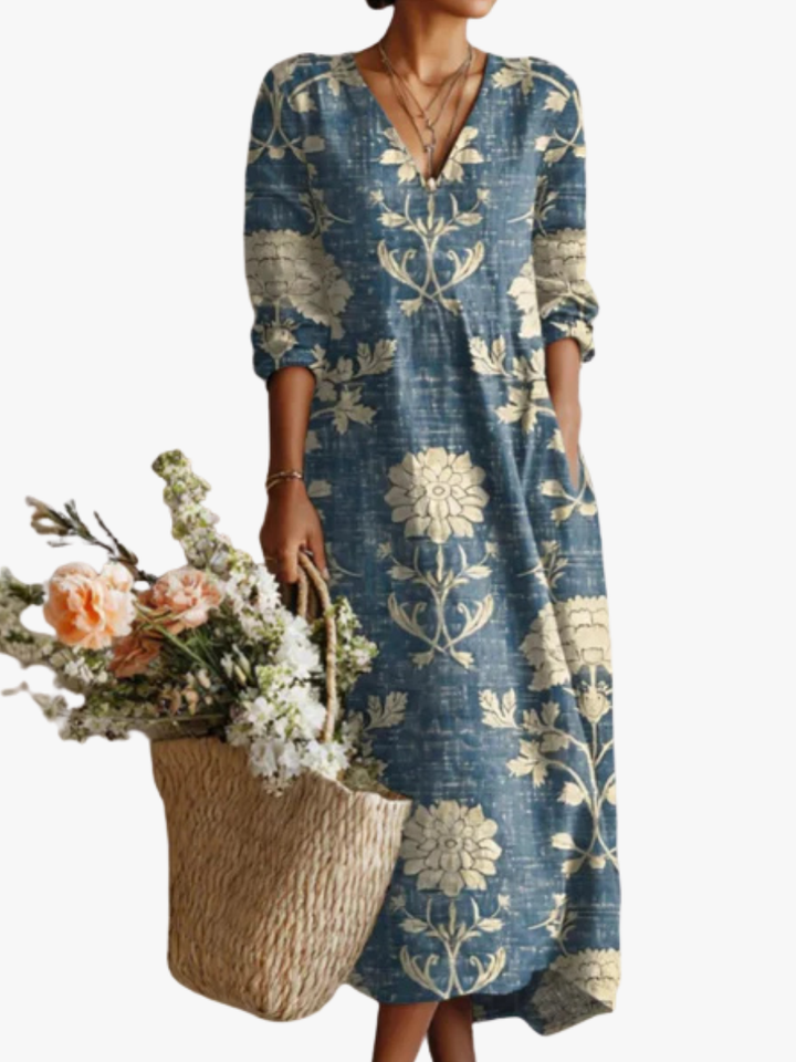 Fleurine – Robe Midi Vintage en Lin Fleuri