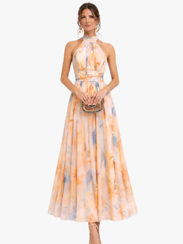 Pêche Fleurie – Robe en Mousseline à Motifs Floraux