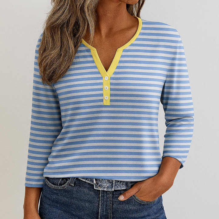 Camila – T-Shirt Femme Col V à Détails Boutonnés, Manches 3/4