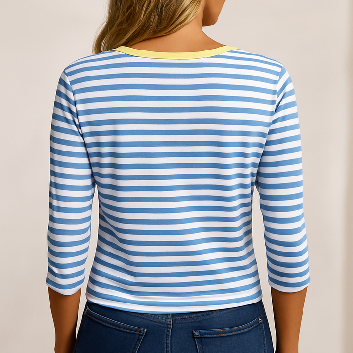 Camila – T-Shirt Femme Col V à Détails Boutonnés, Manches 3/4