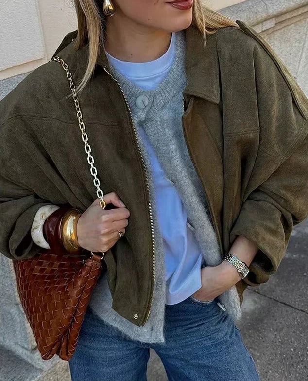 Ivy – Veste Suédine à Col Revers et Zip