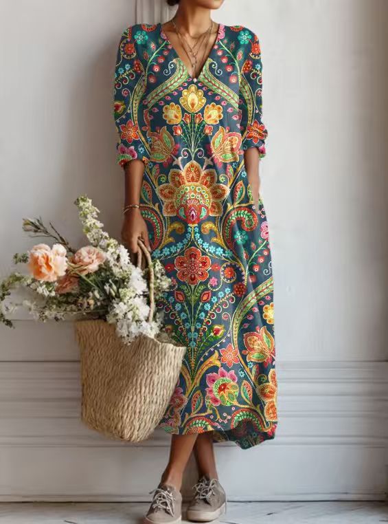 Fleurine – Robe Midi Vintage en Lin Fleuri