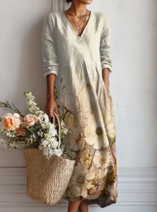 Fleurine – Robe Midi Vintage en Lin Fleuri