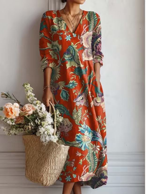Fleurine – Robe Midi Vintage en Lin Fleuri