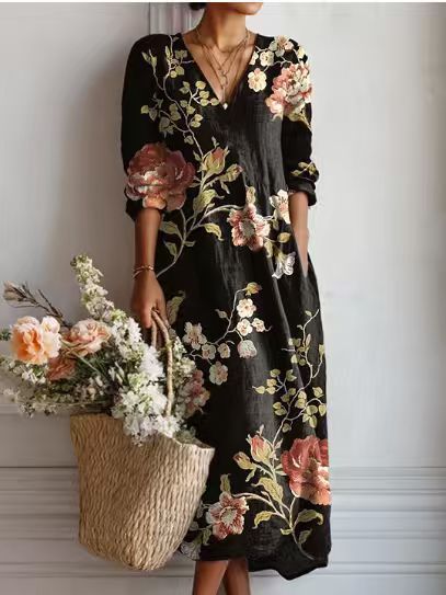 Fleurine – Robe Midi Vintage en Lin Fleuri