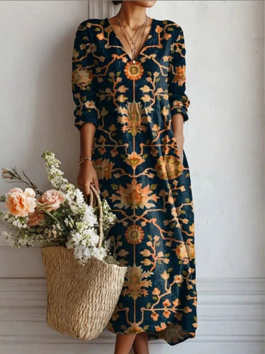Fleurine – Robe Midi Vintage en Lin Fleuri