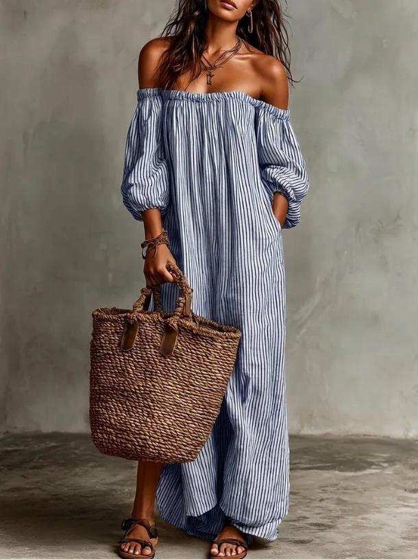 Salomé – Robe Maxi Rayée Épaules Dénudées