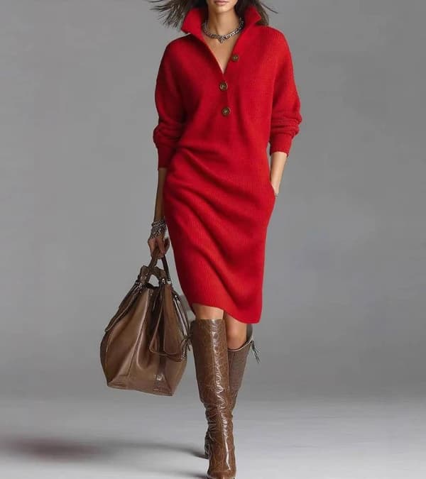 Pauline – Robe Midi en Maille Boutonnée