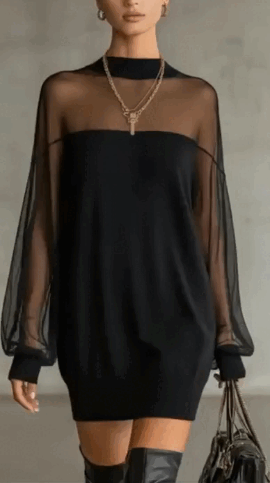Charline – Mini Robe Noire Filet Col Haut