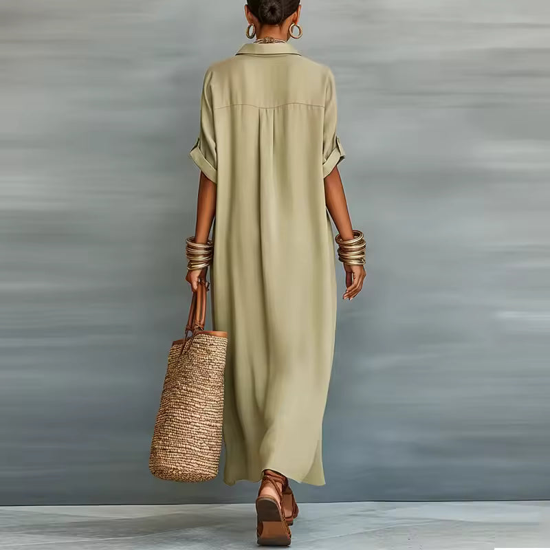 Manon – Robe Maxi Chemisier Boutonnée Manches Courtes
