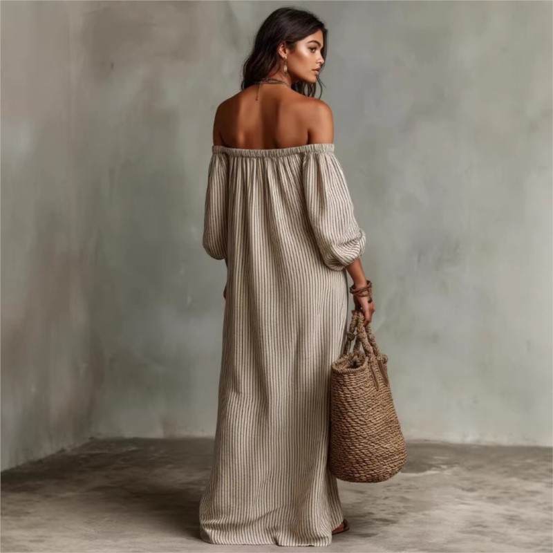 Salomé – Robe Maxi Rayée Épaules Dénudées