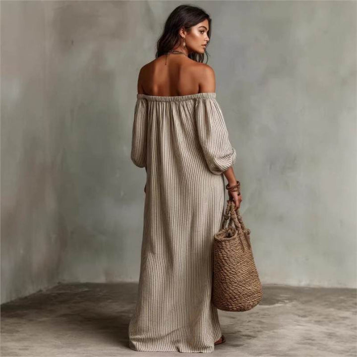 Salomé – Robe Maxi Rayée Épaules Dénudées