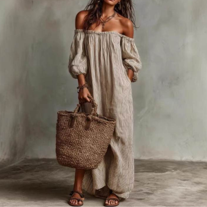 Salomé – Robe Maxi Rayée Épaules Dénudées
