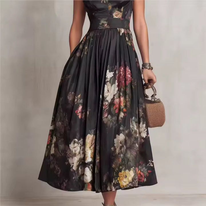 Éléonore – Robe Midi Noire Fleurie Col Mao