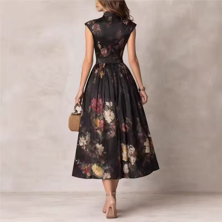 Éléonore – Robe Midi Noire Fleurie Col Mao
