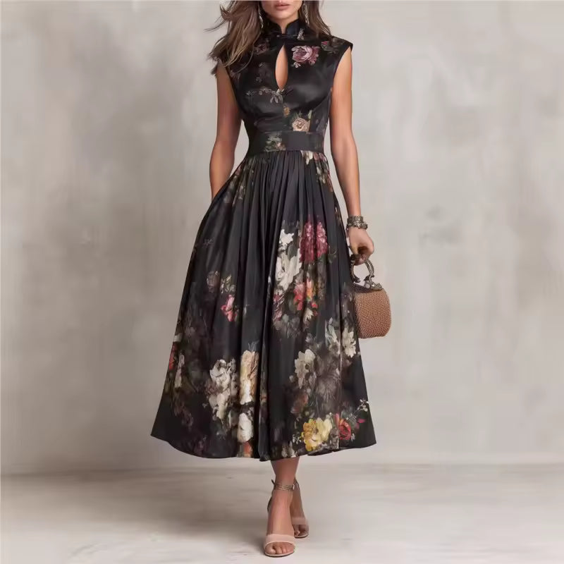 Éléonore – Robe Midi Noire Fleurie Col Mao