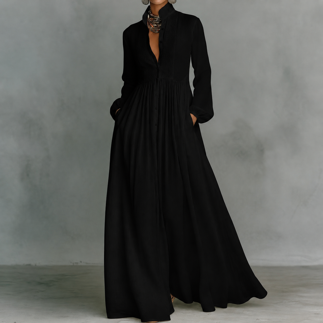 Camille – Robe Maxi Minimaliste Col Mao