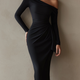 Solène – Robe Midi Noire Drapée Un Seul Bretelle