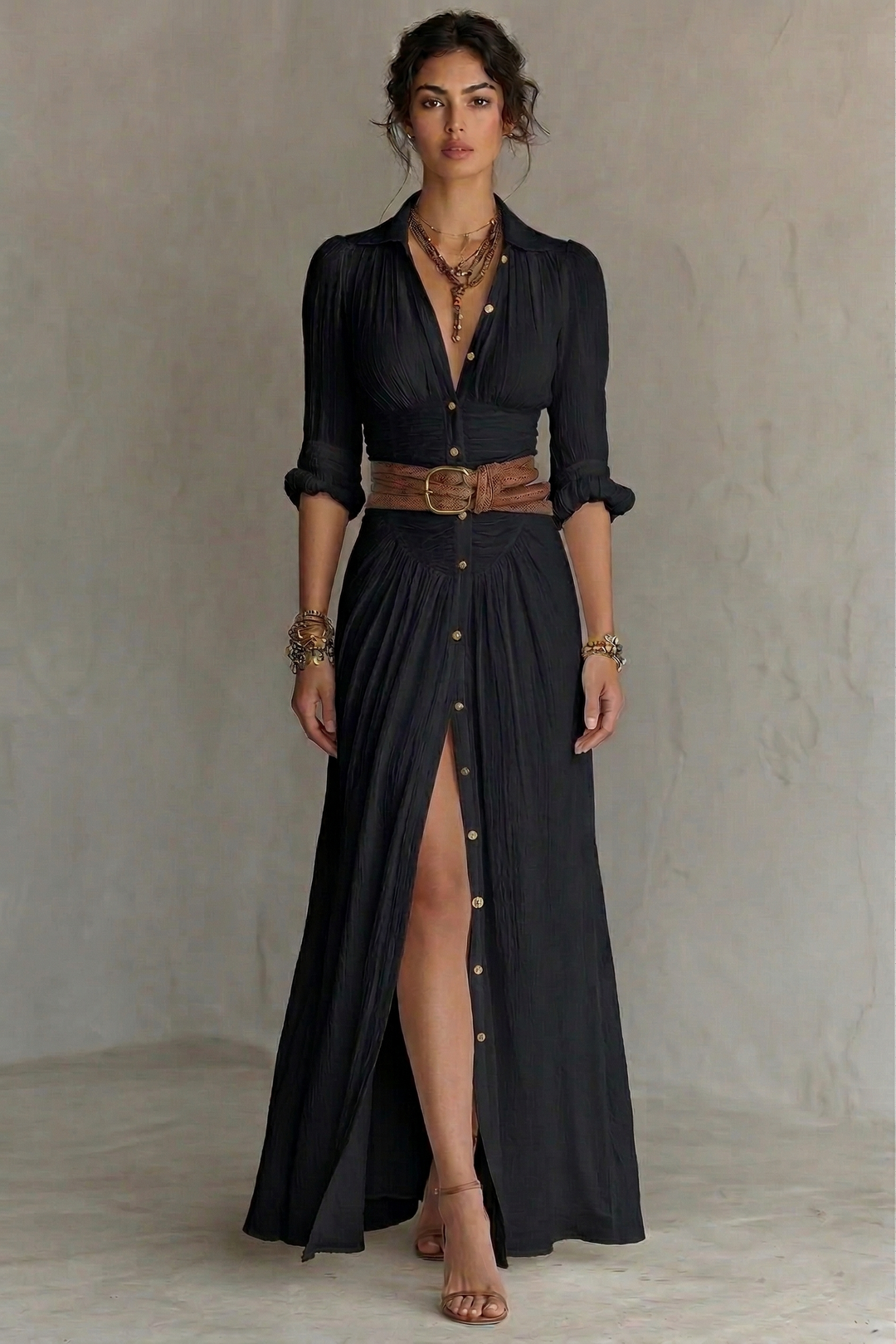 Rose – Robe Maxi Col V Plissée à Ceinture