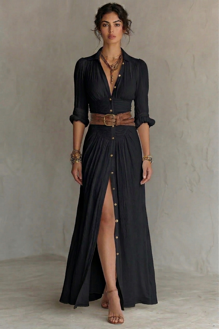 Rose – Robe Maxi Col V Plissée à Ceinture