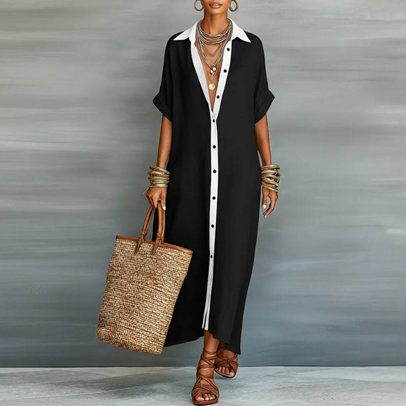 Manon – Robe Maxi Chemisier Boutonnée Manches Courtes