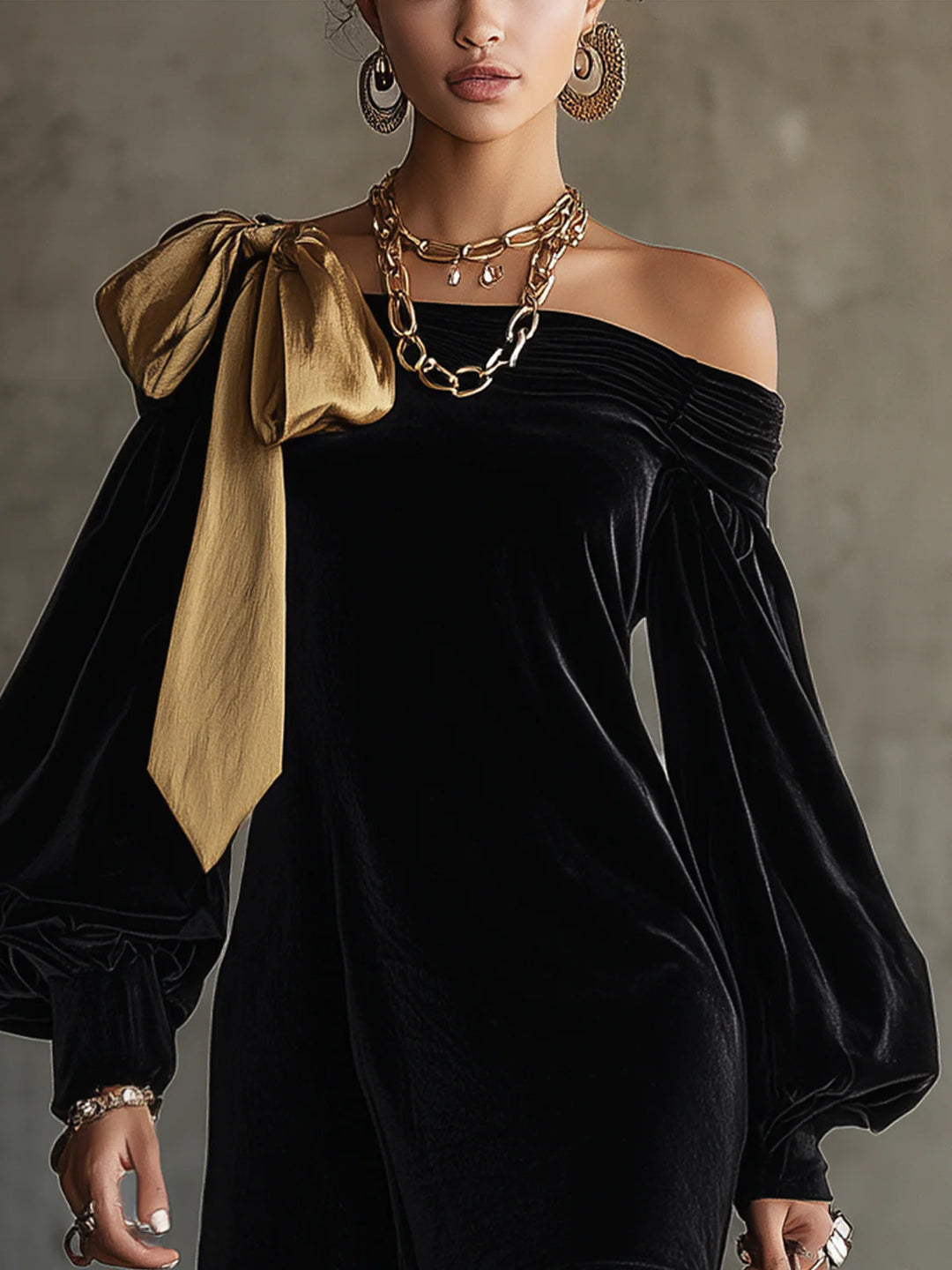 Constance – Mini Robe Velours Nœud Doré
