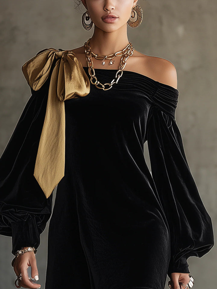 Constance – Mini Robe Velours Nœud Doré
