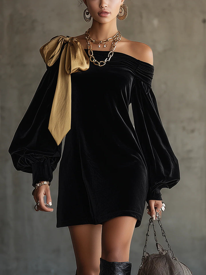 Constance – Mini Robe Velours Nœud Doré