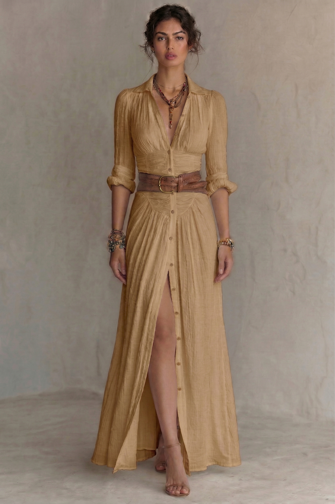 Rose – Robe Maxi Col V Plissée à Ceinture