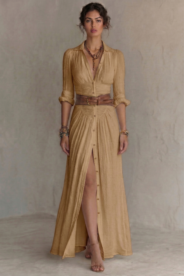 Rose – Robe Maxi Col V Plissée à Ceinture