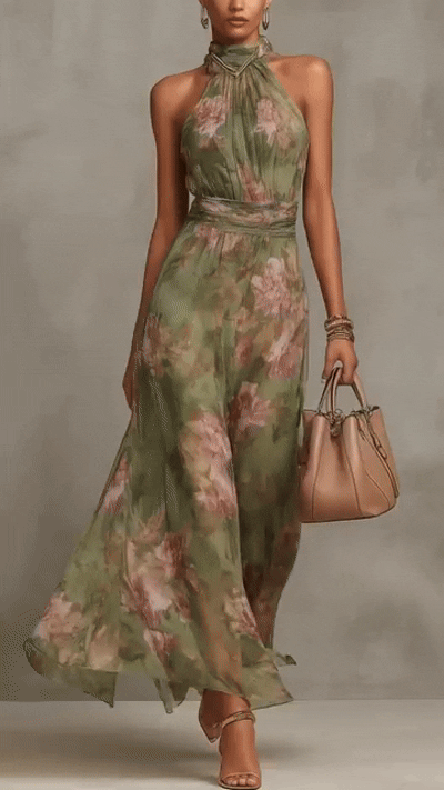 Capucine – Robe Maxi Halter Fleurie en Voile