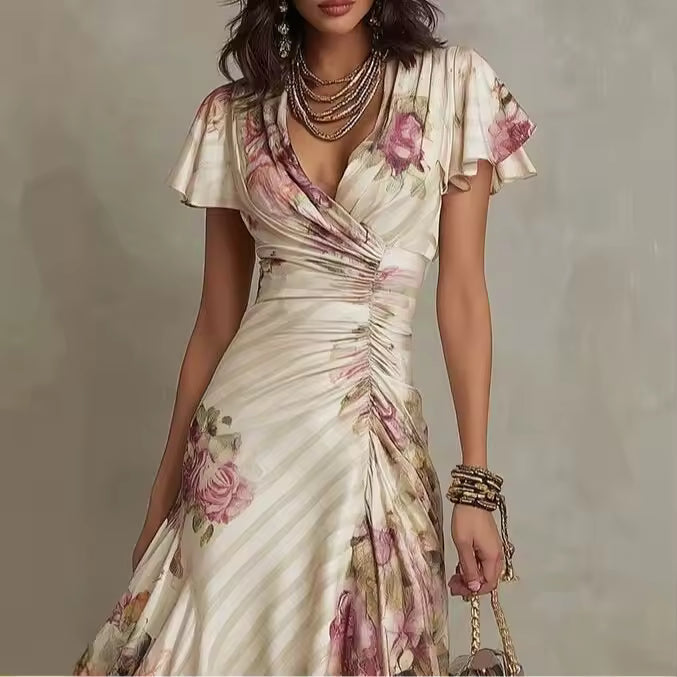 Manon – Robe Midi Fleurie Col V à Volants