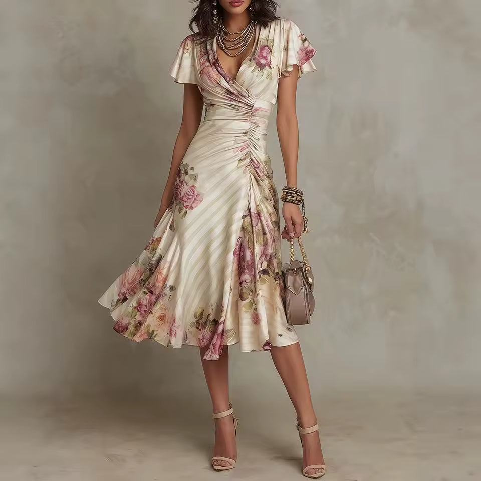Manon – Robe Midi Fleurie Col V à Volants