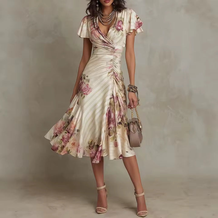 Manon – Robe Midi Fleurie Col V à Volants