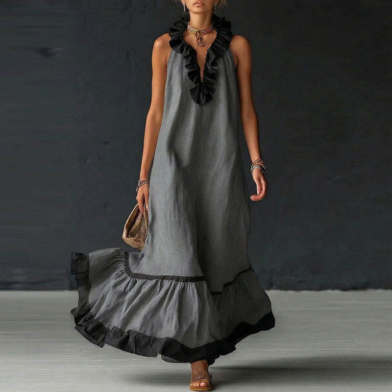 Léa – Robe Maxi Col V à Volants
