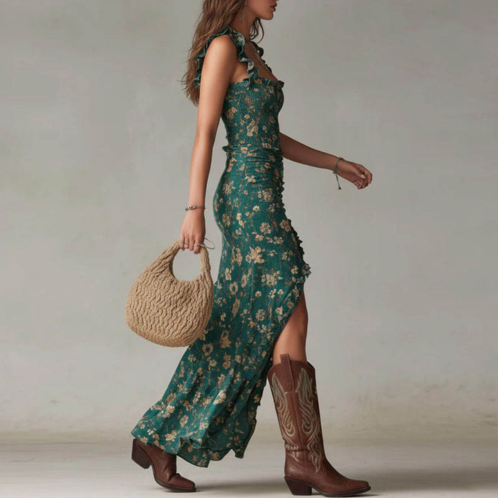 Camille B. – Robe Maxi à Volants et Jupe Asymétrique