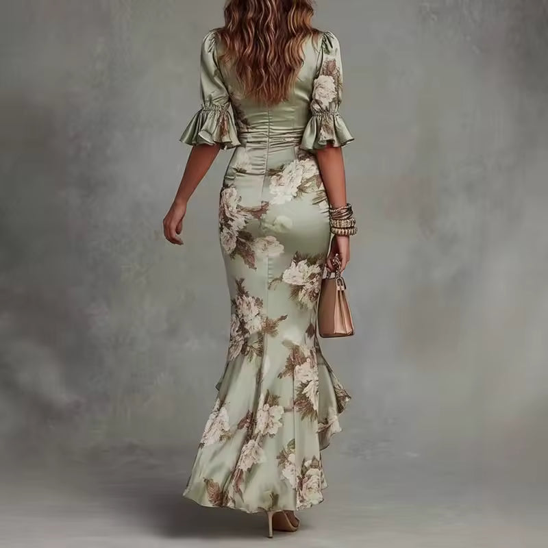 Margaux – Robe Maxi Fleurie Col V à Volants