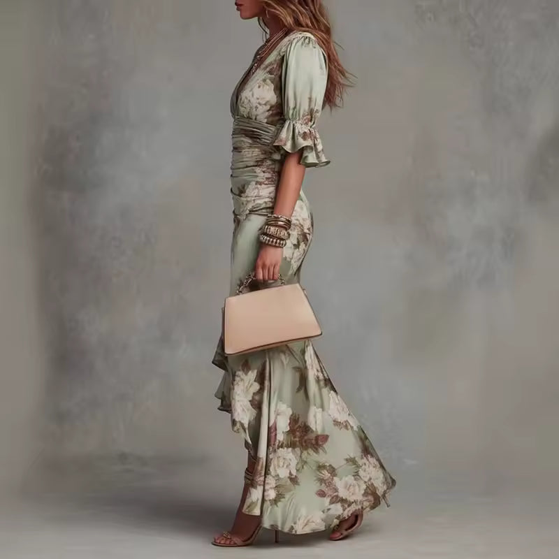 Margaux – Robe Maxi Fleurie Col V à Volants