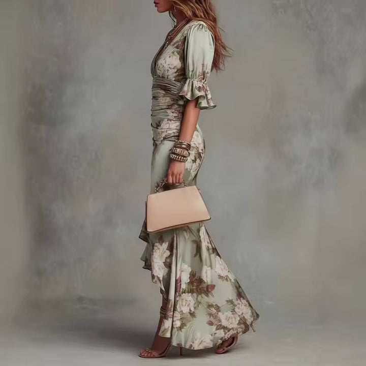 Margaux – Robe Maxi Fleurie Col V à Volants